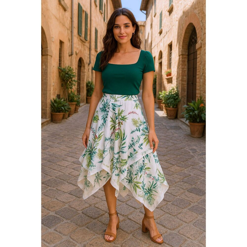 💐 Floral Print Scarf Skirt S/M Midi Colorful Boho Linen Texture Made in Italy - Picture 5 of 11
